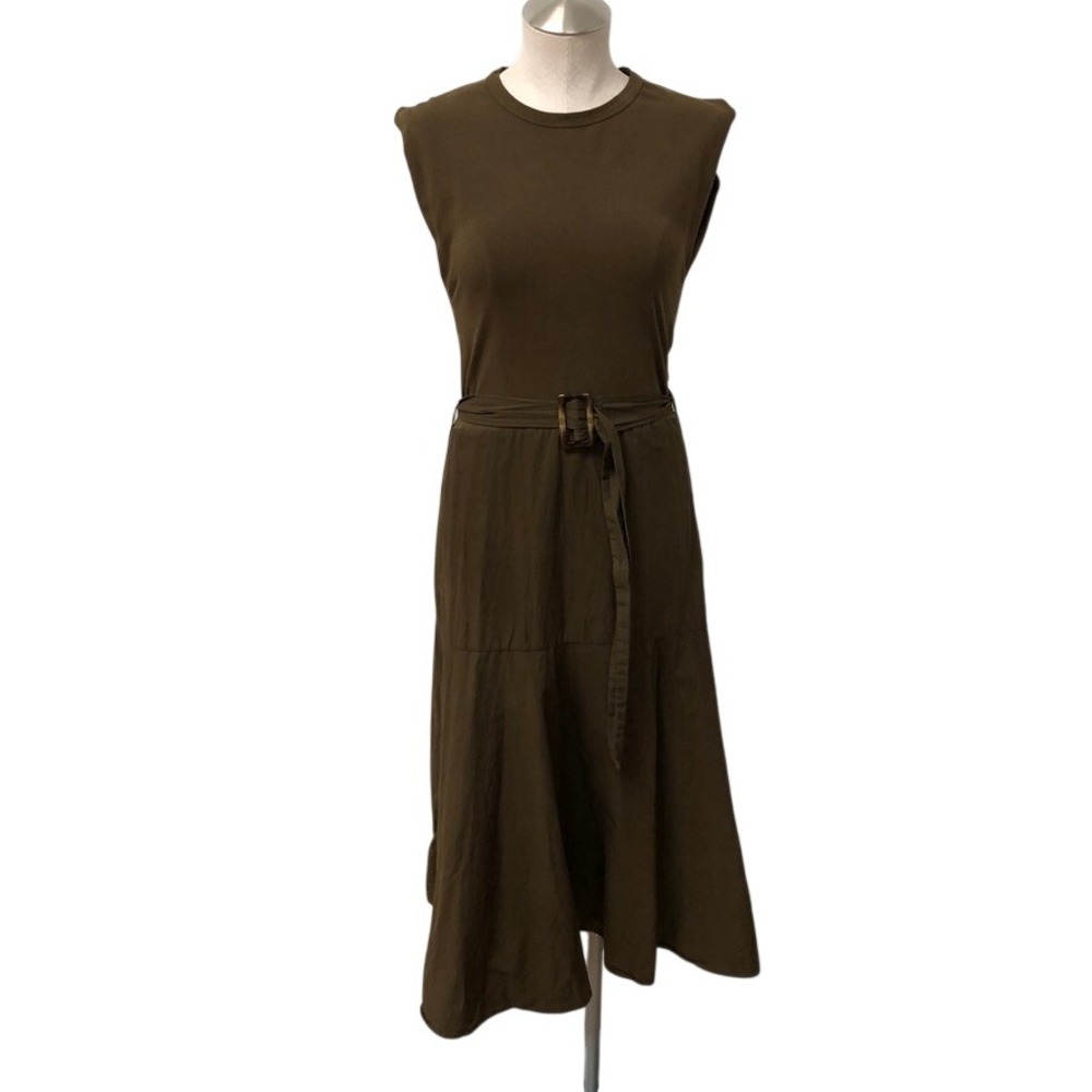 ZARA Midi Dress Womens Medium Olive Green Belted Sleeveless Tiered Cotton Blend